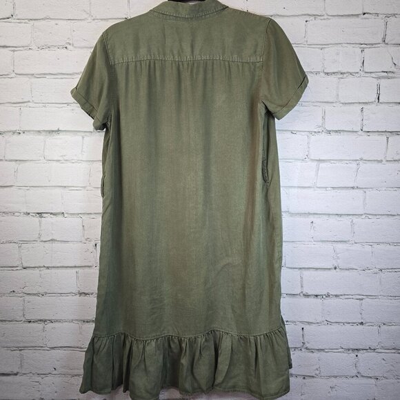 ARMY GREEN SHIRT DRESS RUFFLED HEM BUTTON FRONT COTTON SIZE SMALL VELVET HEART - Picture 2 of 6